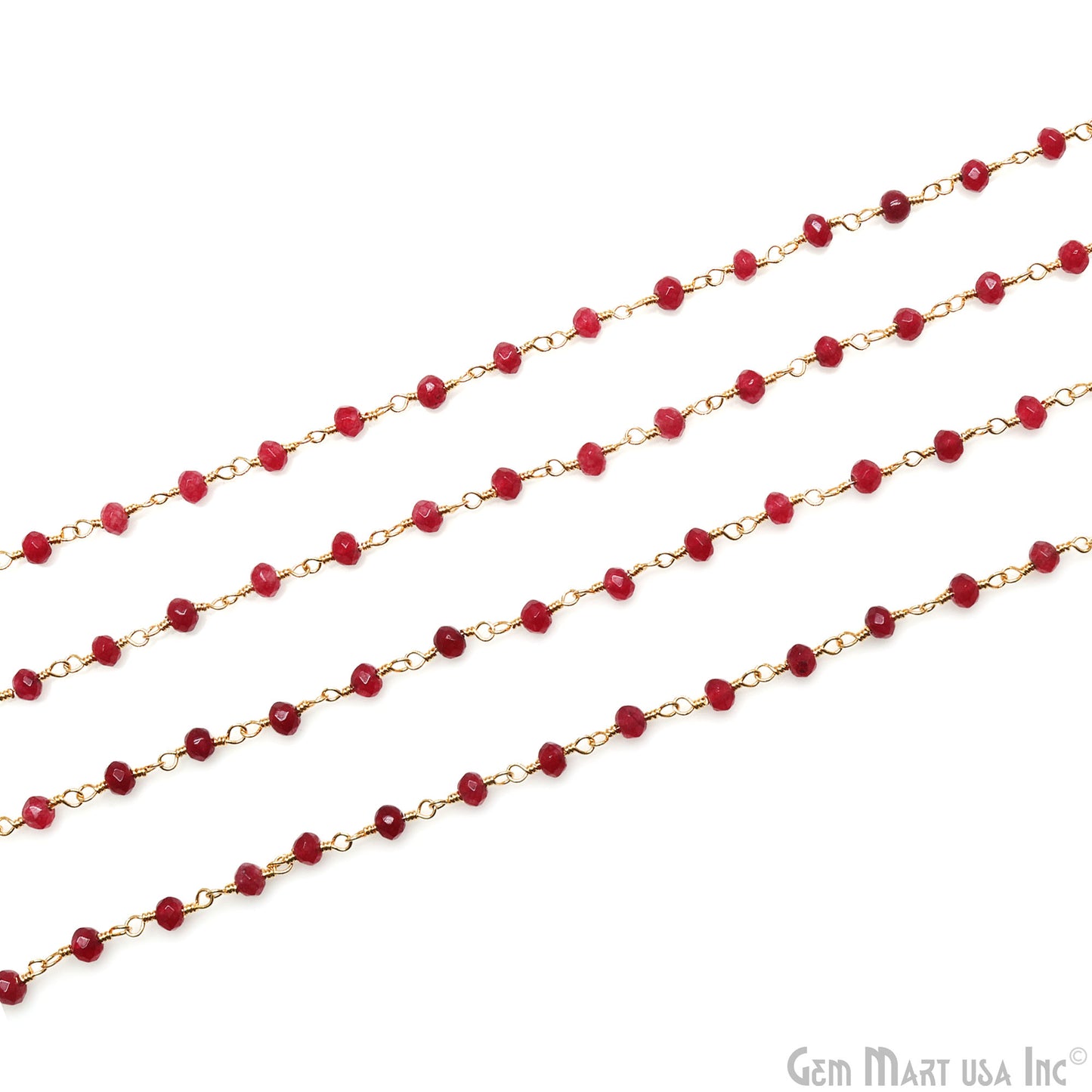 Ruby Jade Faceted 3-3.5mm Gold Wire Wrapped Rosary Chain