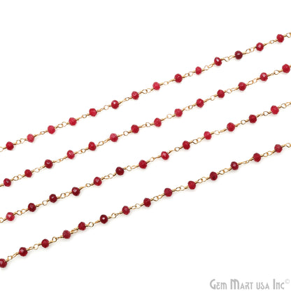 Ruby Jade Faceted 3-3.5mm Gold Wire Wrapped Rosary Chain