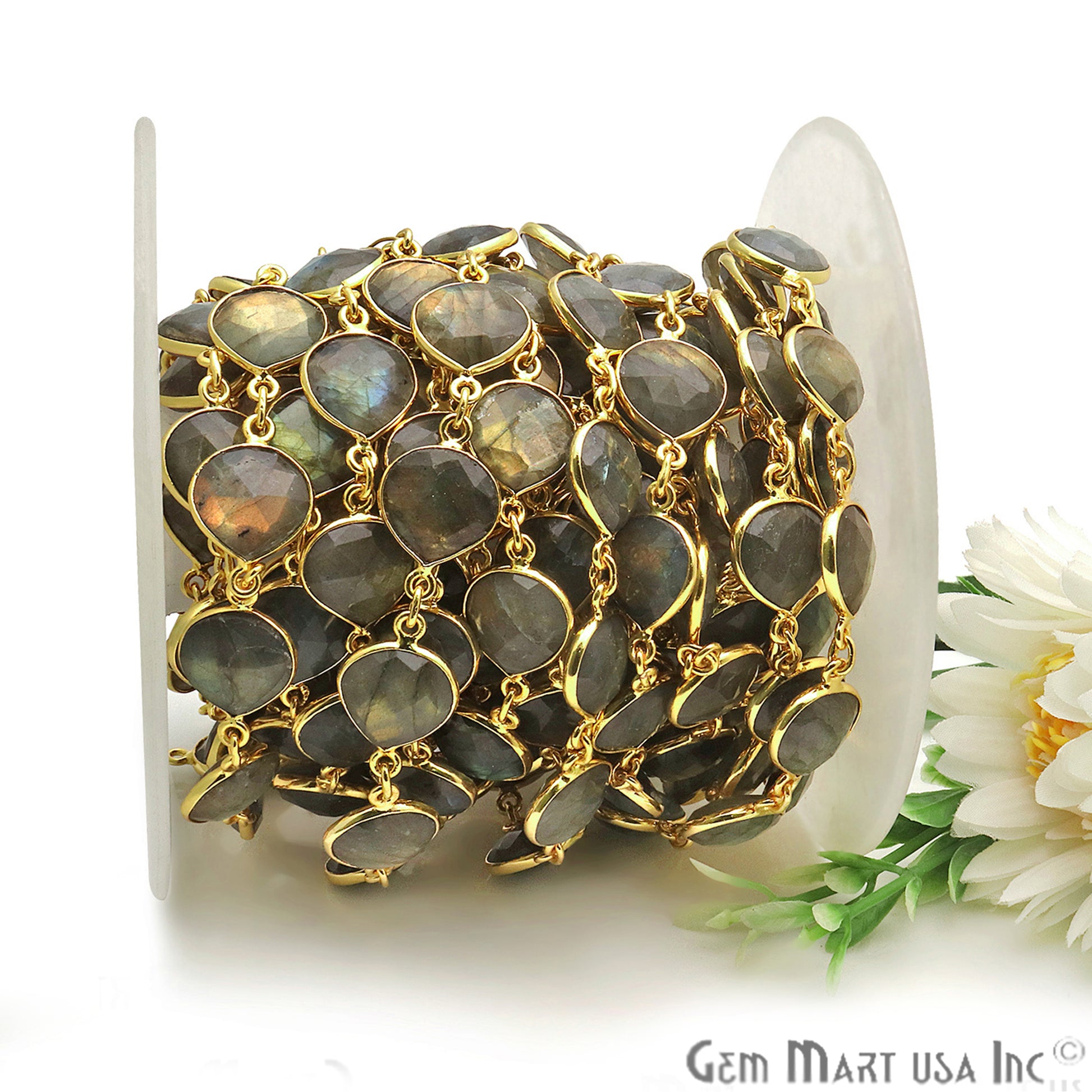 Labradorite 12mm Heart Bezel Link Gold Plated Continuous Connector Chain - GemMartUSA