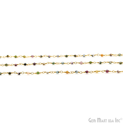 Multi Tourmaline 1-1.5mm Round Tiny Beads Gold Plated Rosary Chain