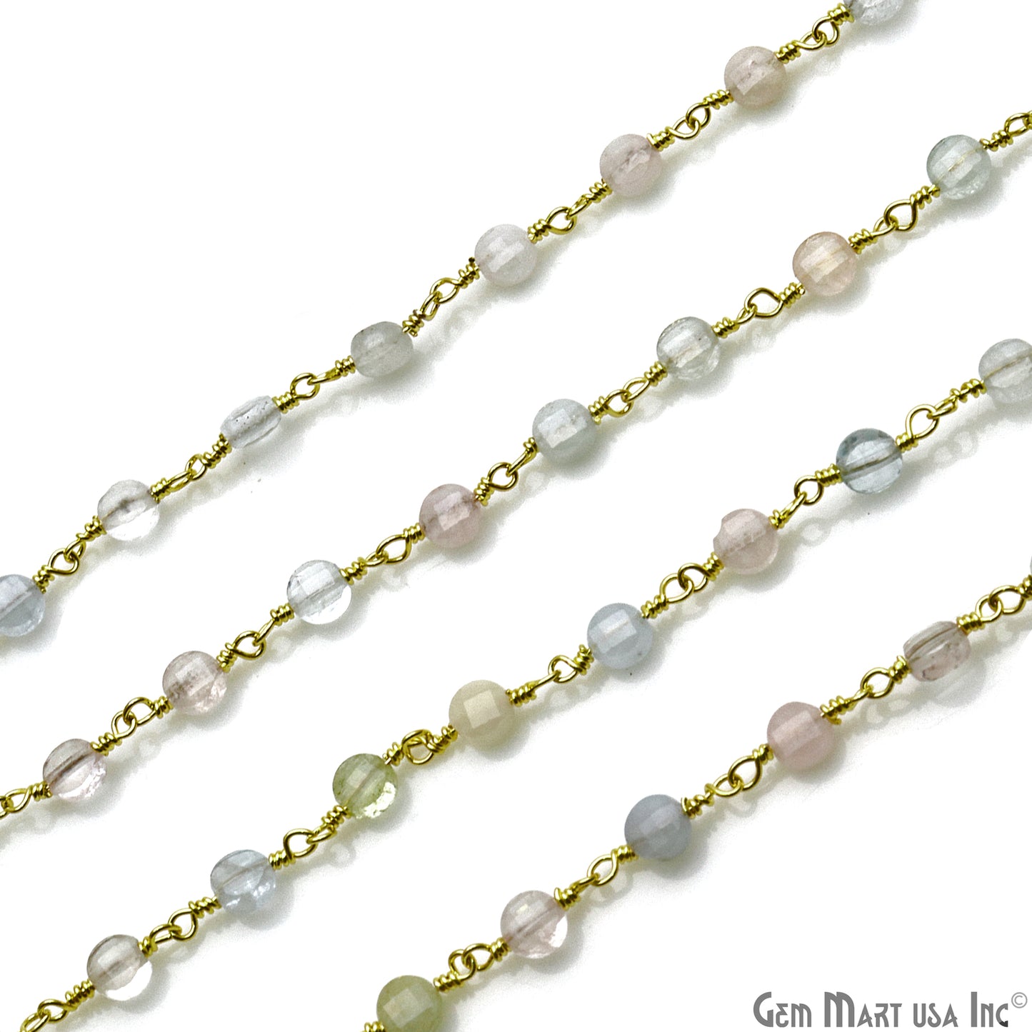 Aquamarine Faceted 3-4mm Gold Wire Wrapped Rosary Chain - GemMartUSA