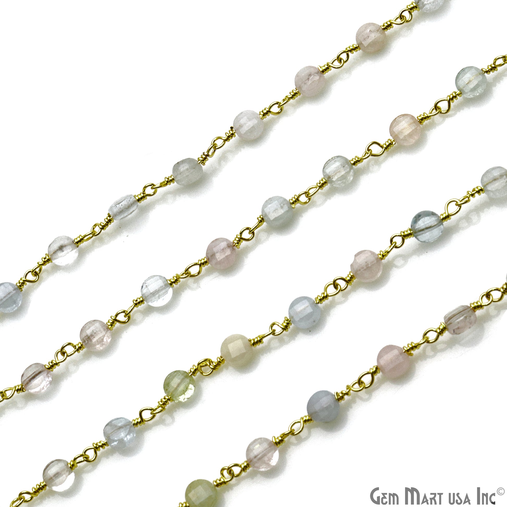 Aquamarine Faceted 3-4mm Gold Wire Wrapped Rosary Chain - GemMartUSA