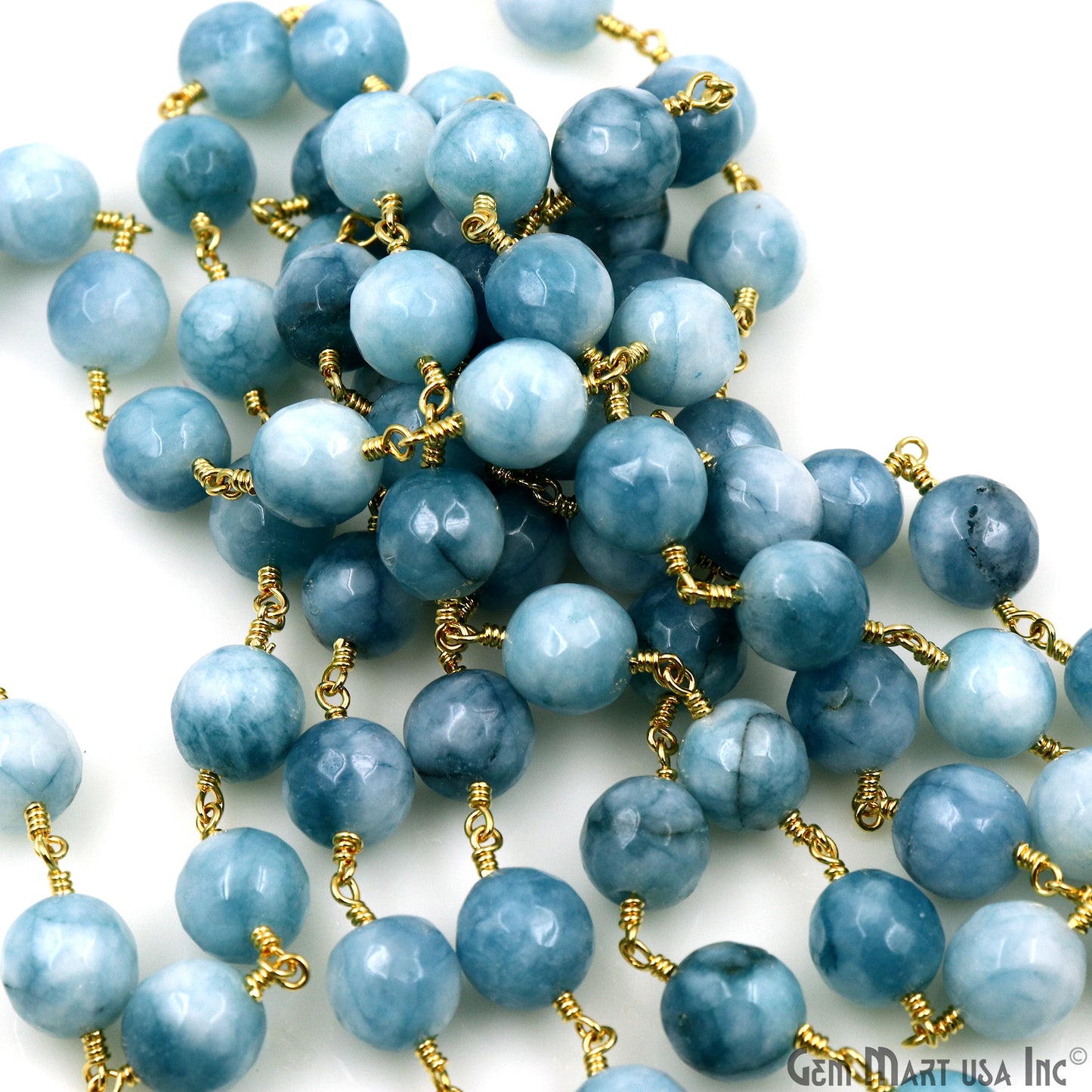 Shaded Turquoise Faceted Beads 10mm Gold Plated Wire Wrapped Rosary Chain