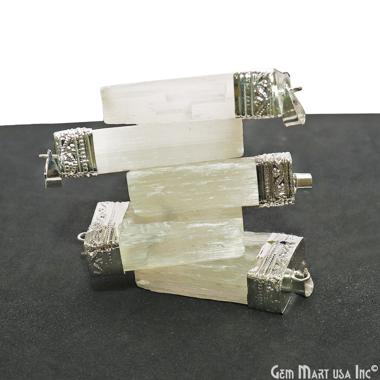 Selenite Rectangle 46x24mm Silver Connector Pendant