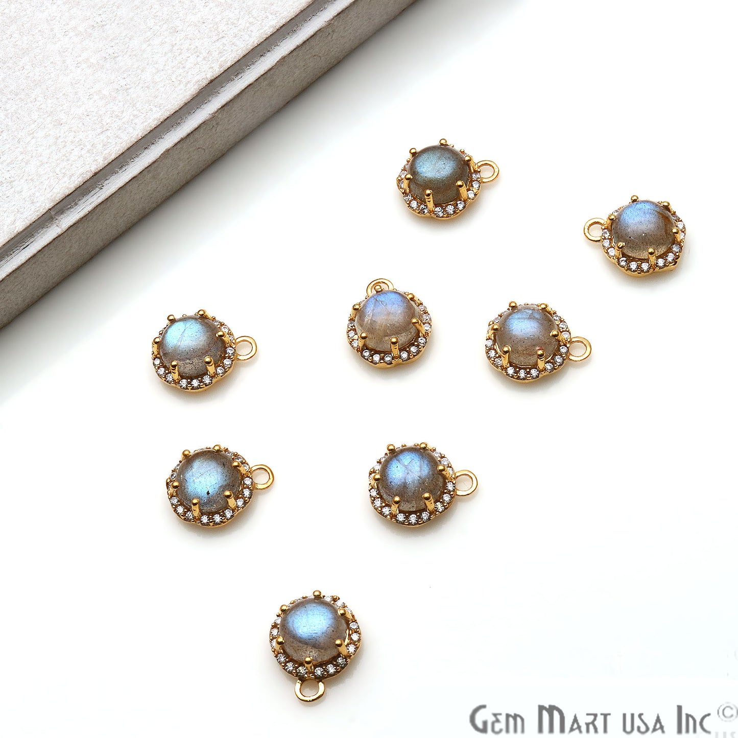 Labradorite 13x10mm Round Cabochon CZ Pave Gold Plated Gemstone Connector - GemmartUSA