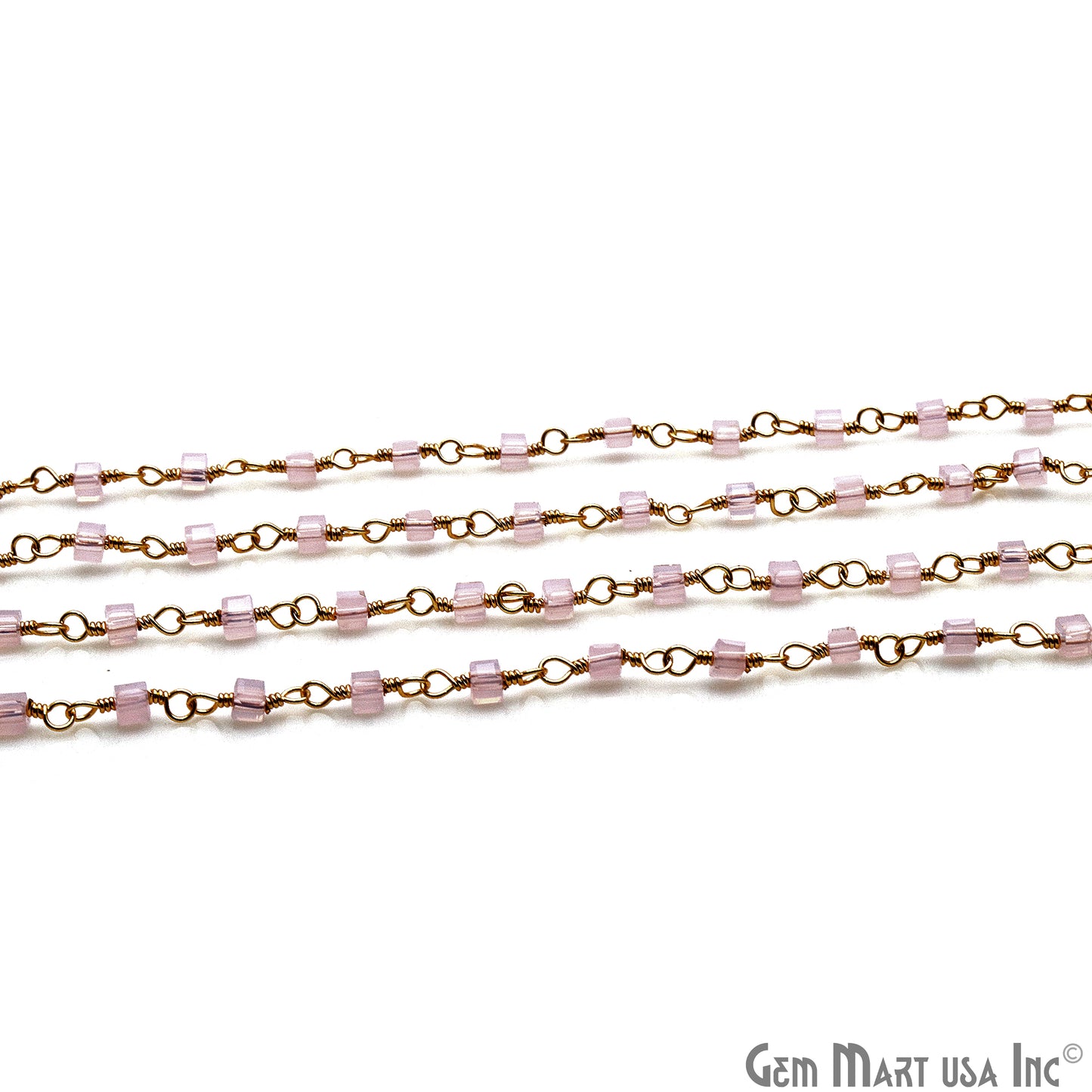 Rose Chalcedony Cube Faceted 2mm Gold Wire Wrapped Rosary Chain - GemMartUSA