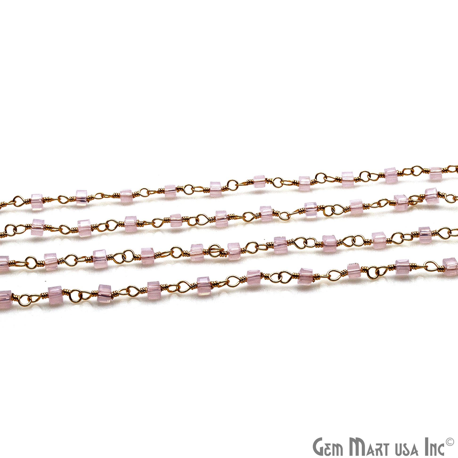 Rose Chalcedony Cube Faceted 2mm Gold Wire Wrapped Rosary Chain - GemMartUSA