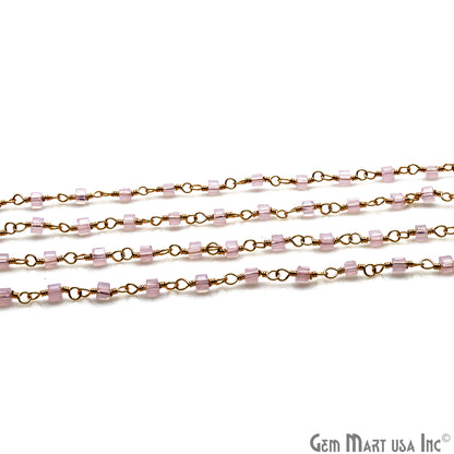 Rose Chalcedony Cube Faceted 2mm Gold Wire Wrapped Rosary Chain - GemMartUSA