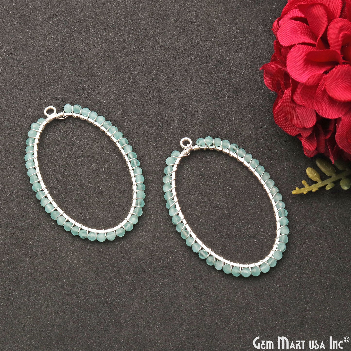 Aqua Chalcedony Oval Shape 52x35mm Silver Wire Wrapped Beads Hoop Connector