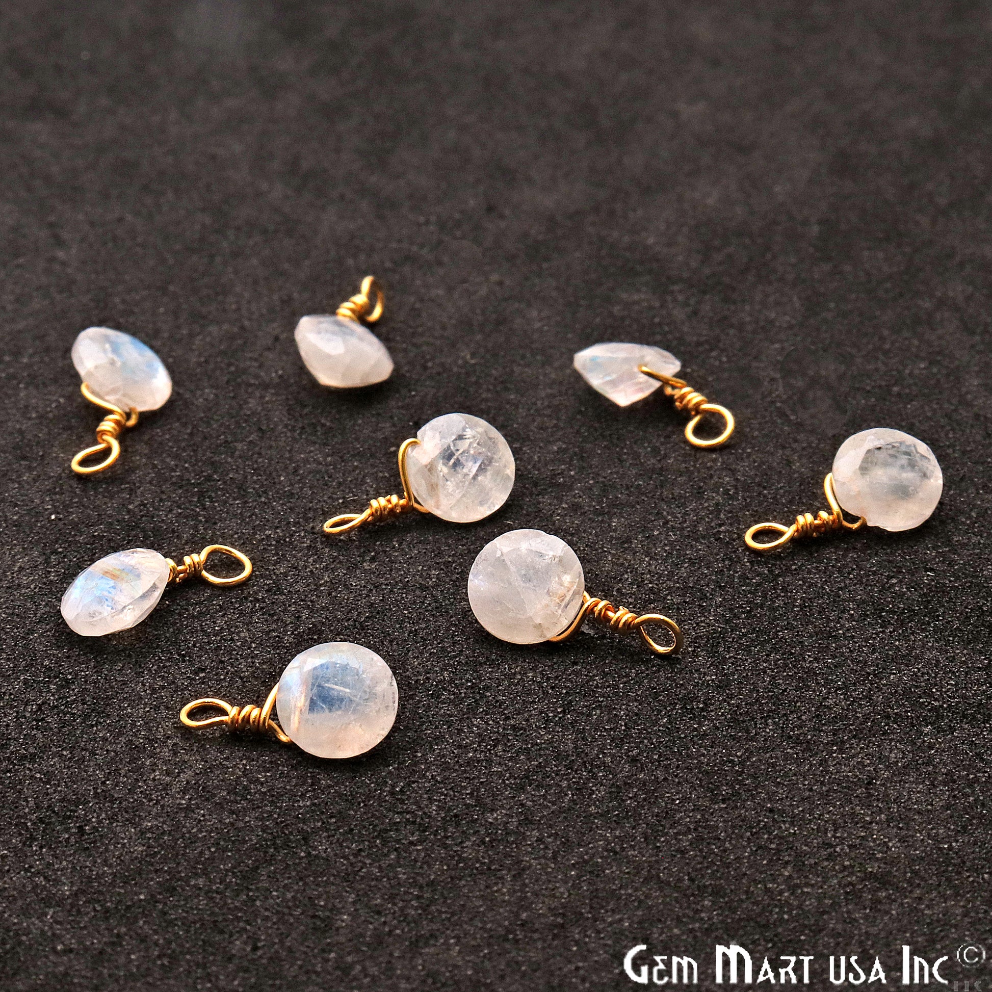 Rainbow Moonstone 6mm Round Single Bail Gold Wire Wrapped Gemstone Connector - GemMartUSA