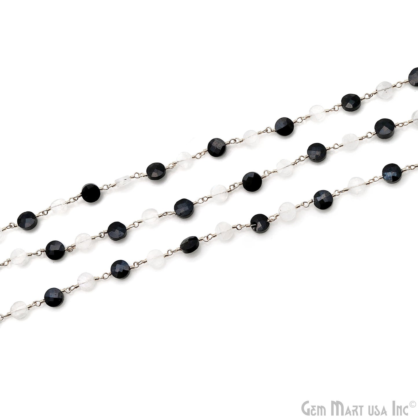 Black Spinel 6-7mm & Rainbow 5-6mm Coin Beads Silver Wire Wrapped Rosary Chain