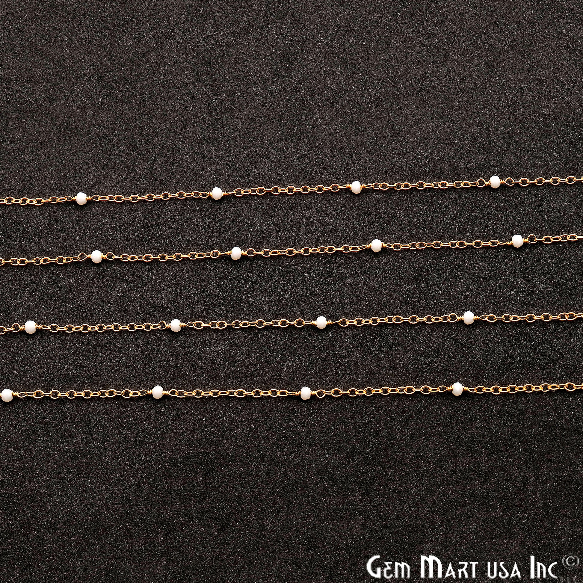 White Agate Round 2mm Gold Wire Wrapped Beads Rosary Chain - GemMartUSA