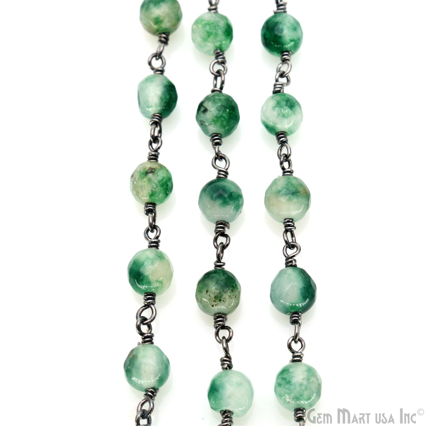 Emerald Jade Cabochon 6mm Beads Oxidized Wire Wrapped Rosary Chain