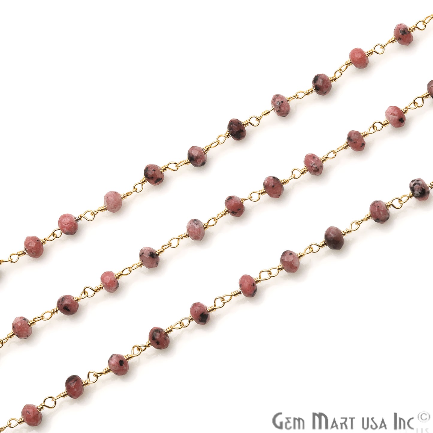 Rhodochrosite Jade Faceted Beads 4mm Gold Plated Wire Wrapped Rosary Chain - GemMartUSA