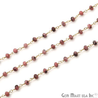 Rhodochrosite Jade Faceted Beads 4mm Gold Plated Wire Wrapped Rosary Chain - GemMartUSA