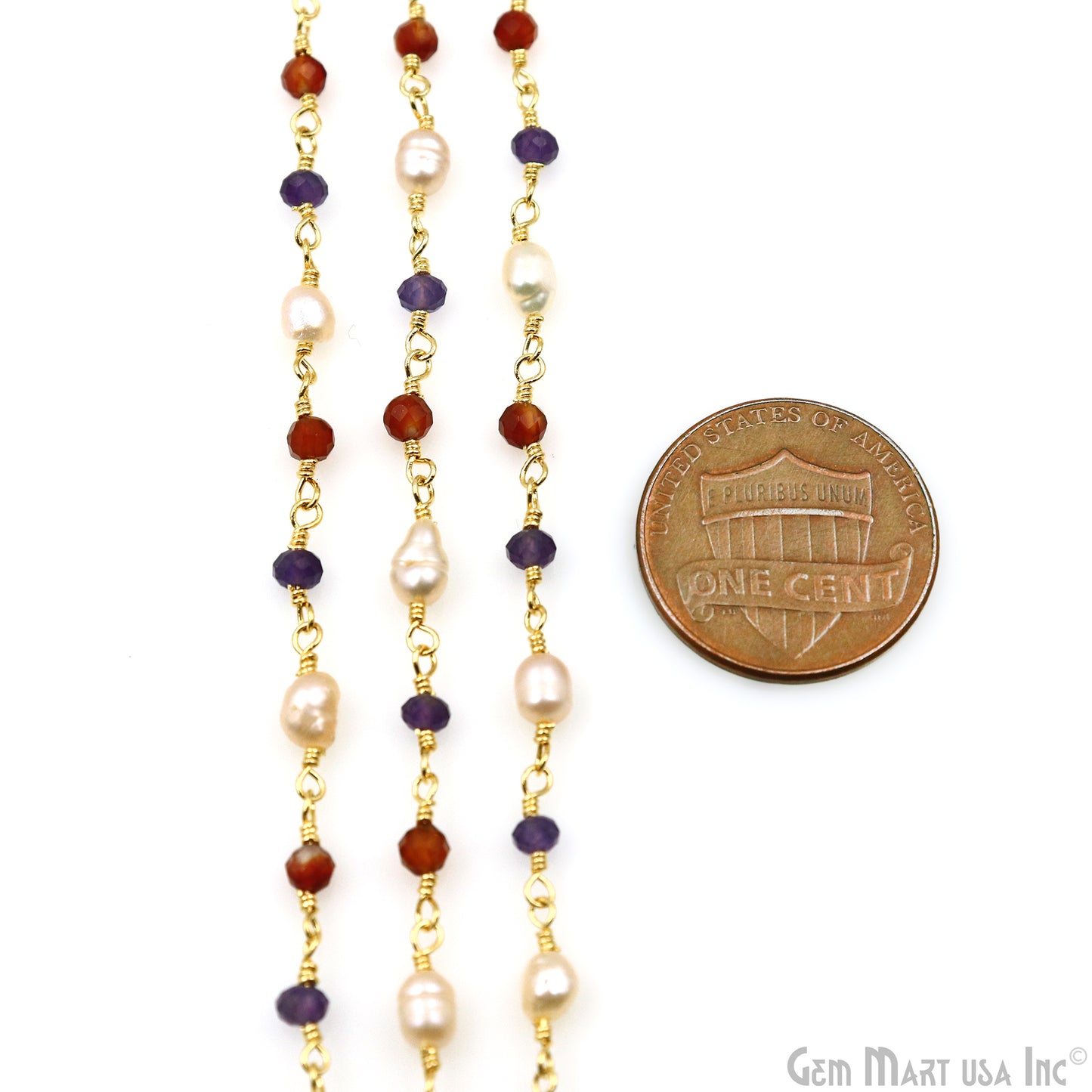 Multistone Faceted Beads With Pearl 3-3.5mm Gold Plated Wire Wrapped Beads Rosary Chain