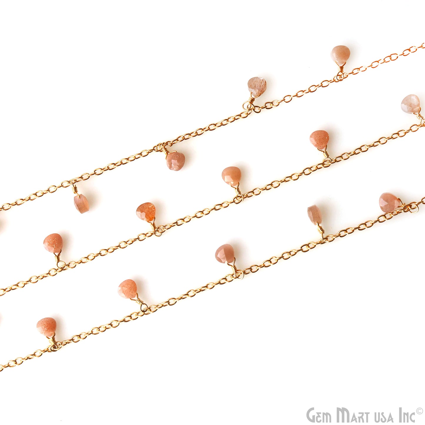 Peach Moonstone Heart 5mm Gold Wire Wrapped Dangle Rosary Chain