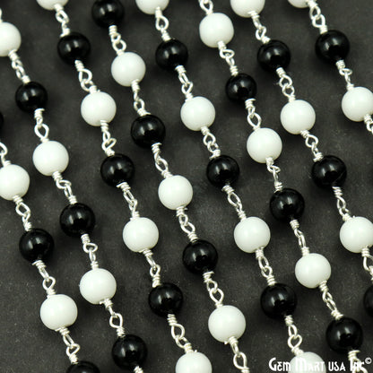 Black Spinel & White Agate 6mm Silver Plated Smooth Beads Wire Wrapped Rosary Chain