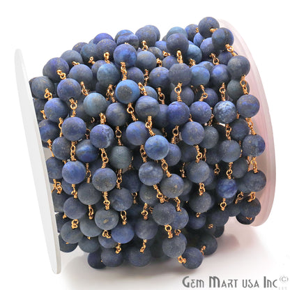 Lapis Frosted Beads 8mm Gold Plated Wire Wrapped Rosary Chain - GemMartUSA