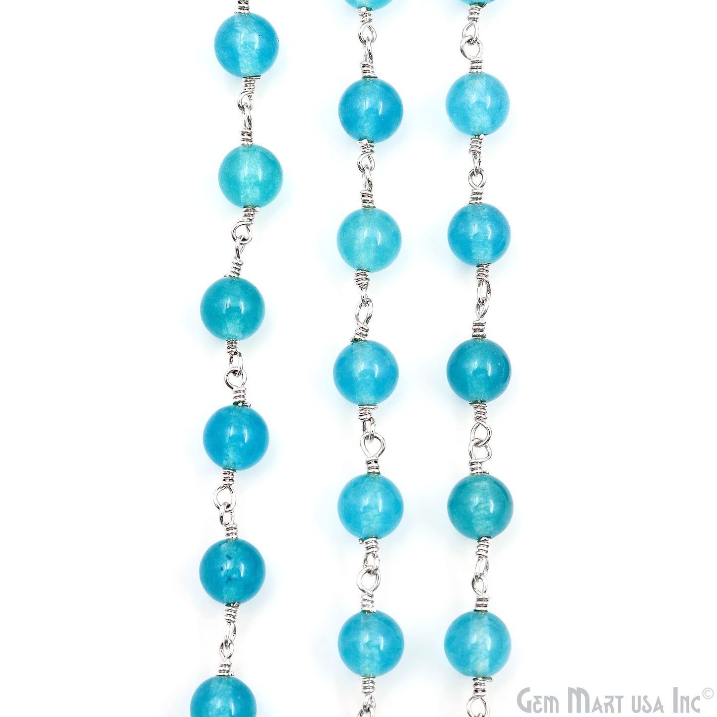 Sky Blue Jade Cabochon Beads 6mm Silver Plated Gemstone Rosary Chain