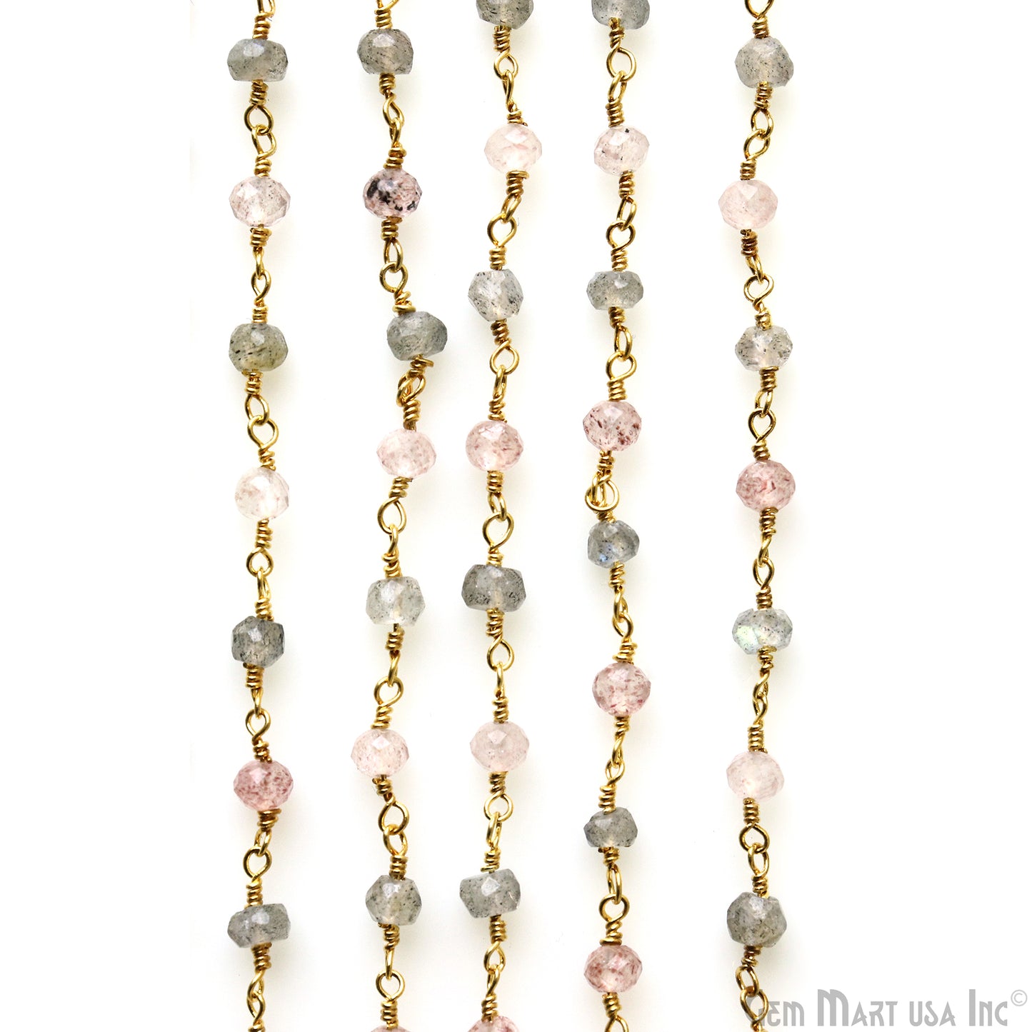 Strawberry Quartz & Labradorite Faceted Beads Gold Plated Wire Wrapped Rosary Chain