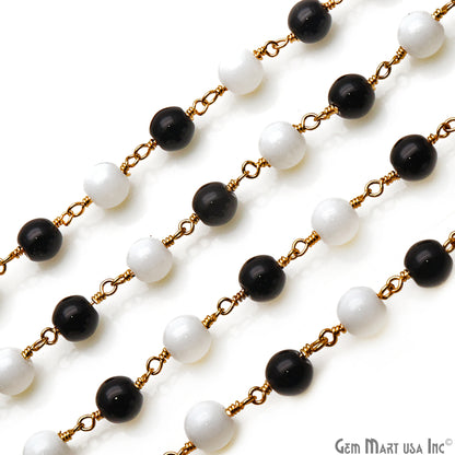 Black Spinel & White Agate Cabochon Beads 6mm Gold Wire Wrapped Rosary Chain - GemMartUSA