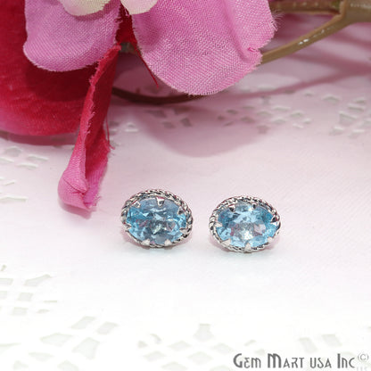 Blue Topaz 6x8mm Sterling Silver Oval Shape Prong Setting Stud Earring - GemMartUSA