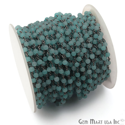 Aqua Chalcedony Round Oxidized Wire Wrapped Matte Beads Rosary Chain - GemMartUSA