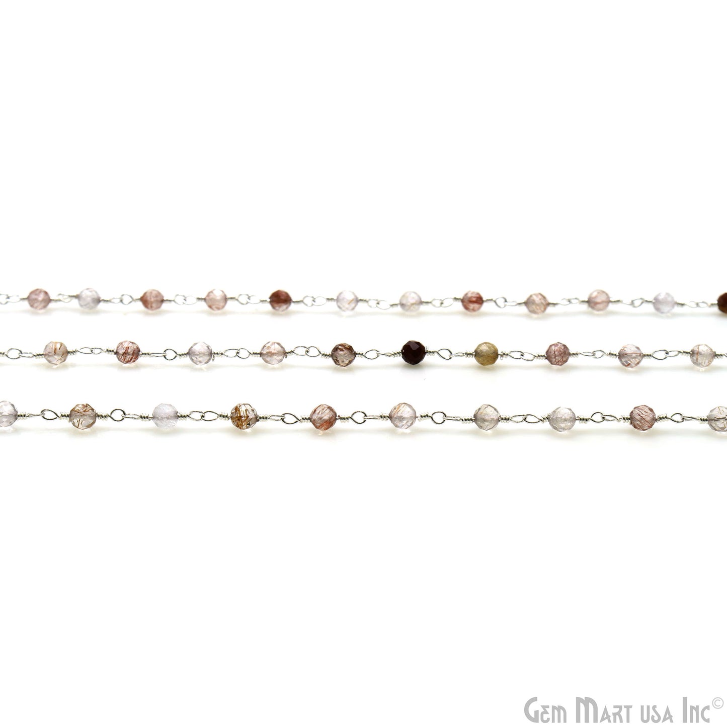 Shaded Strawberry Quartz Faceted 3-3.5mm Silver Plated Beaded Wire Wrapped Rosary Chain
