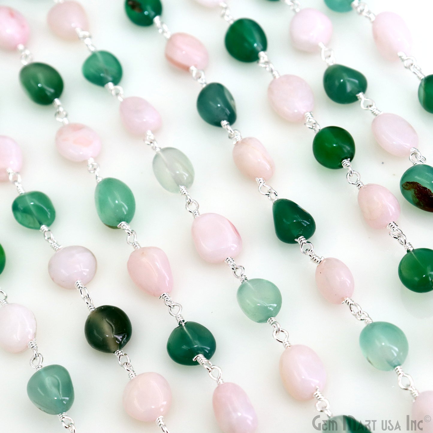 Shaded Green Onyx & Pink Opal 8x5mm Tumble Beads Silver Plated Rosary Chain