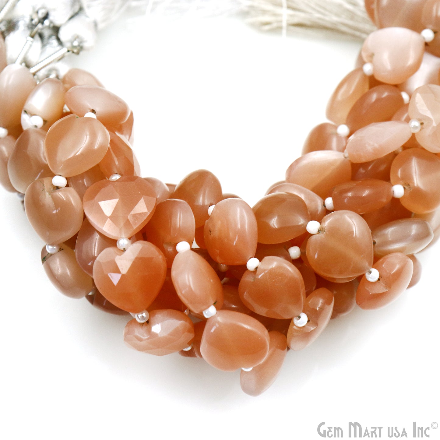 Peach Moonstone Heart Beads, 7 Inch Gemstone Strands, Drilled Strung Briolette Beads, Heart Shape, 10mm