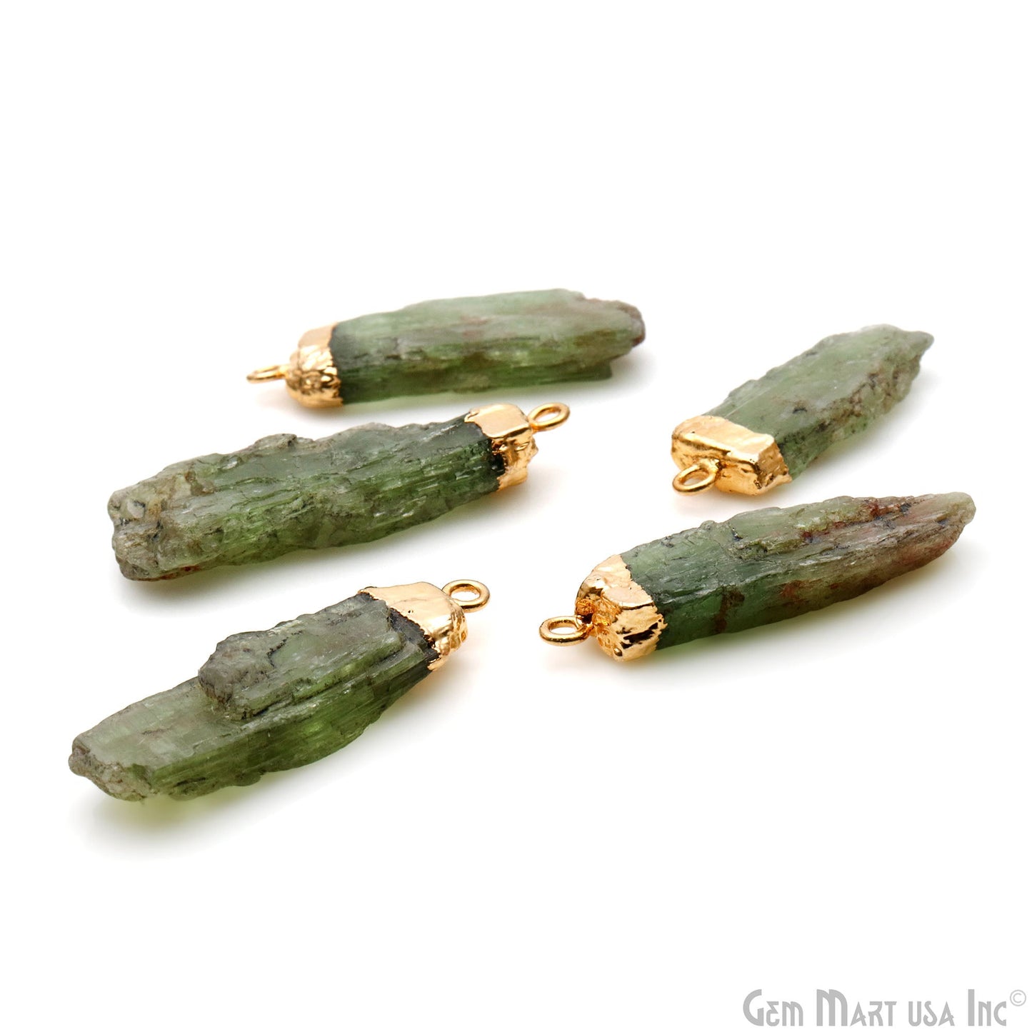 Green Kyanite Gemstone 34x10mm Organic Shape Gold Edged Single Bail Connector Charm