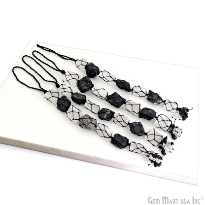 Selenite & Black Tourmaline Tumbled Gemstone Macrame Car/ Wall Crystal Hanging 11 Inch