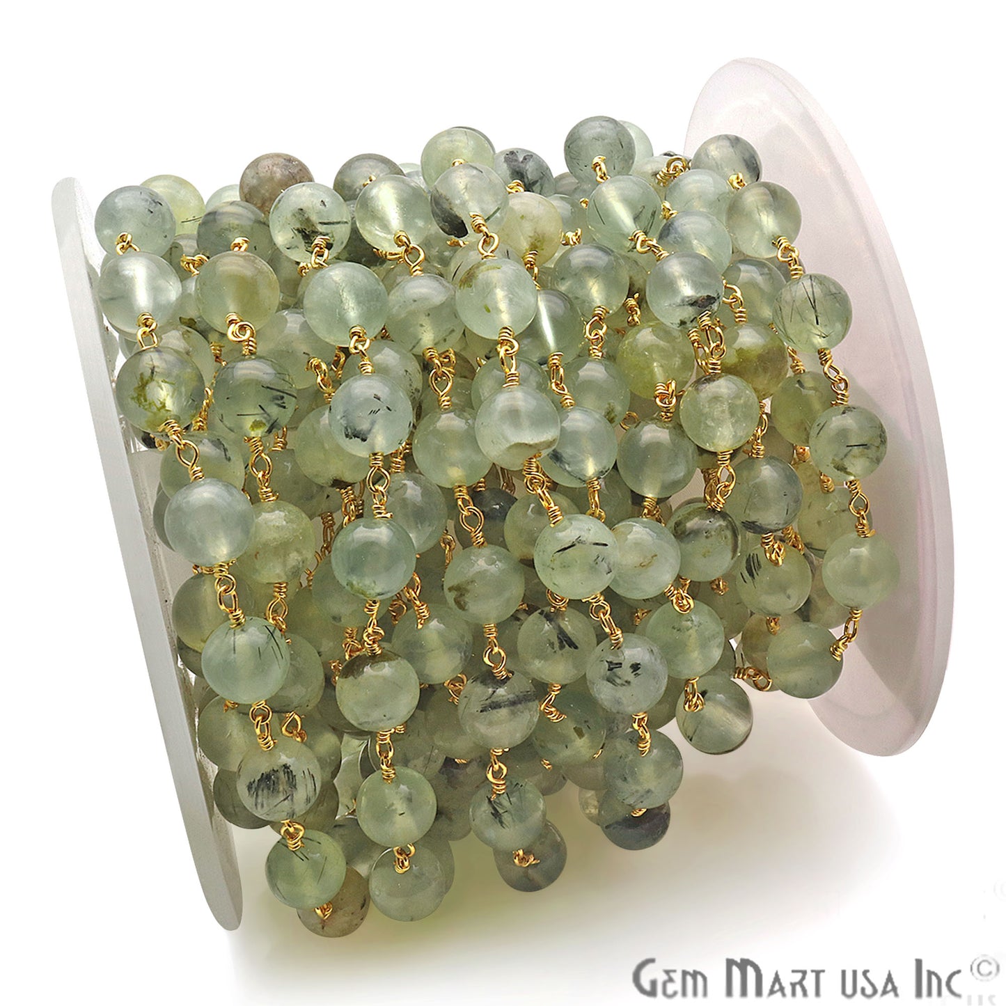 Prehnite Smooth Beads 8mm Gold Plated Wire Wrapped Gemstone Rosary Chain - GemMartUSA