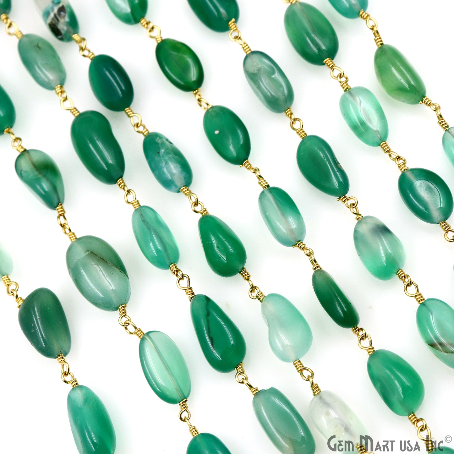 Shaded Green Onyx 12x5mm Tumble Beads Gold Plated Rosary Chain