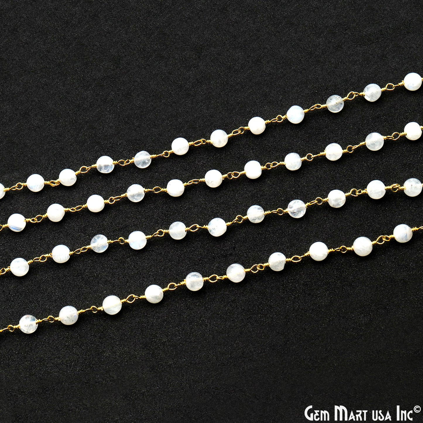 Rainbow Moonstone 4mm Round Smooth Beads Gold Plated Rosary Chain