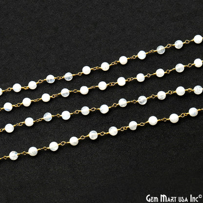 Rainbow Moonstone 4mm Round Smooth Beads Gold Plated Rosary Chain