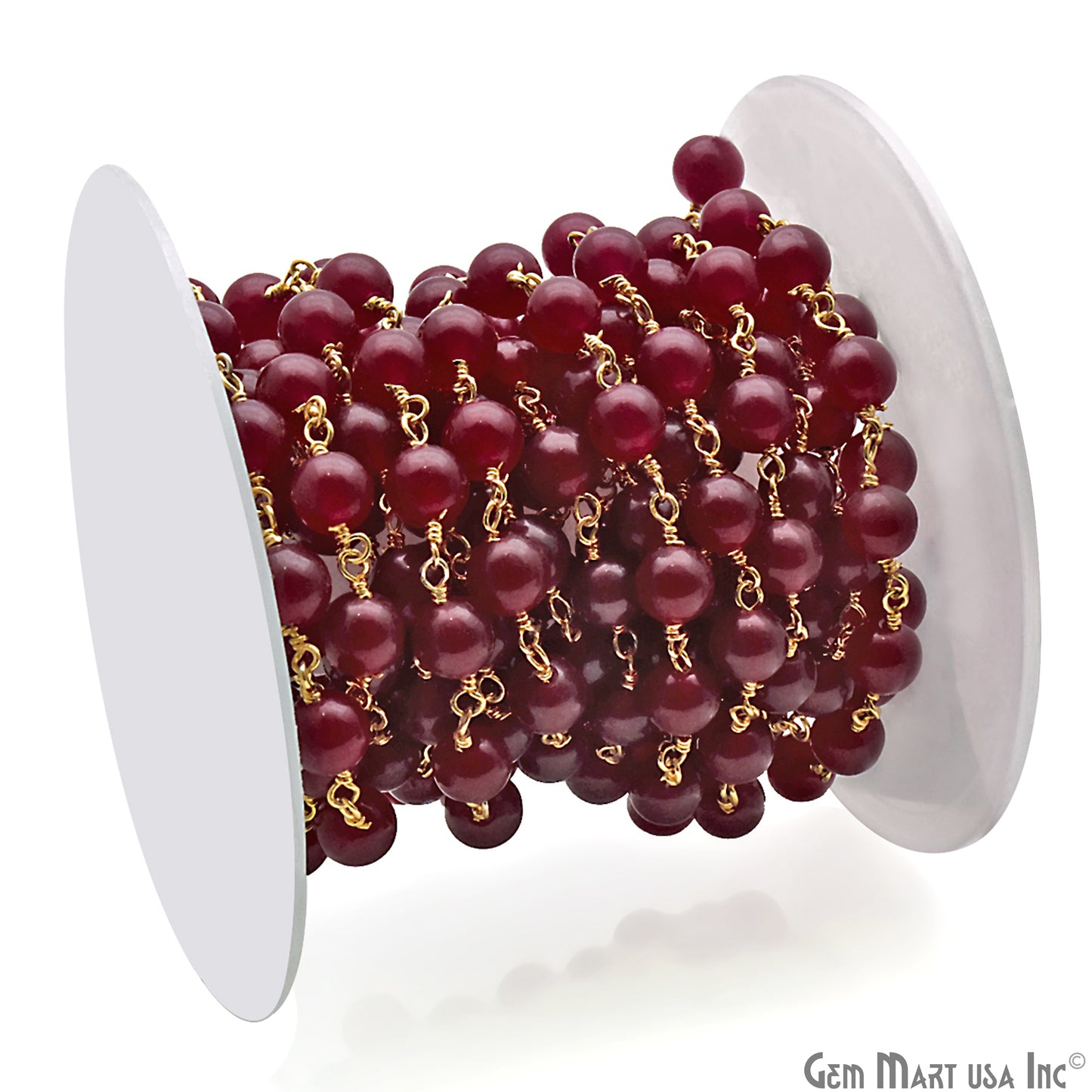 Ruby Cabochon Beads 6mm Gold Wire Wrapped Rosary Chain - GemMartUSA