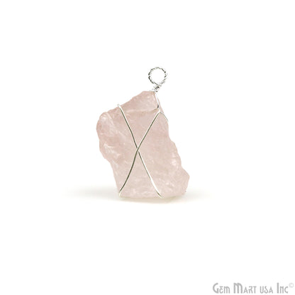 Rose Quartz Rough Gemstone 34x10mm Wire Wrapped Necklace Pendant