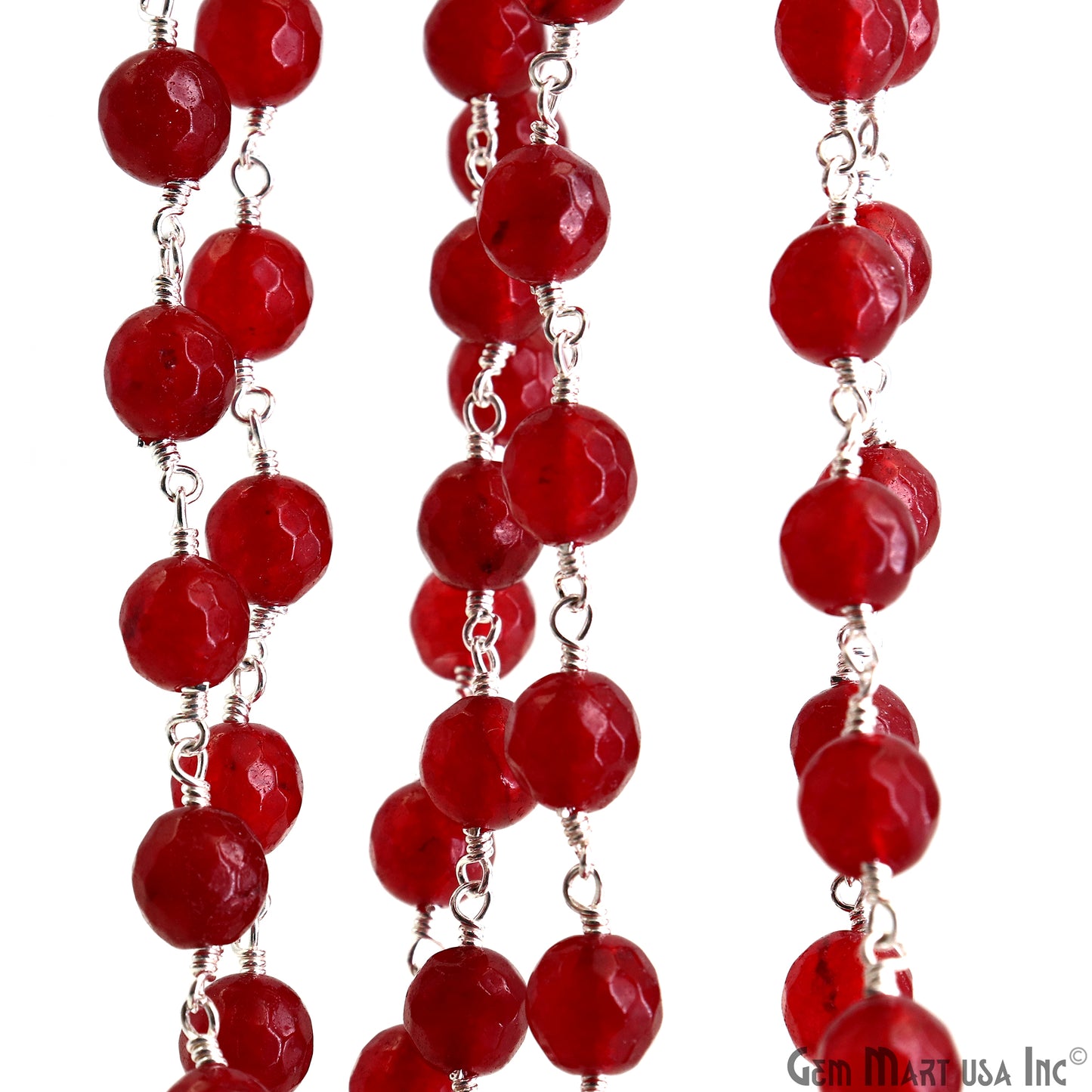 Red jade Faceted Beads 8mm Silver Wire Wrapped Rosary Chain