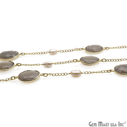 Smoky Chalcedony & Pearls Faceted Gold Plated Connector Chain - GemMartUSA
