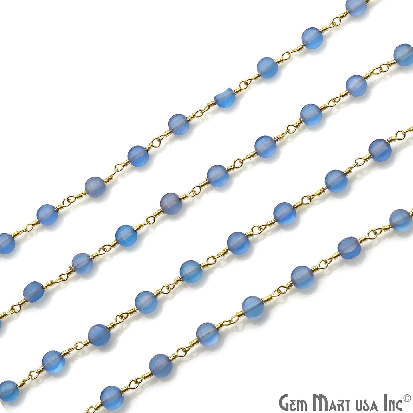 Sky Blue Chalcedony Faceted 3-4mm Gold Wire Wrapped Rosary Chain - GemMartUSA