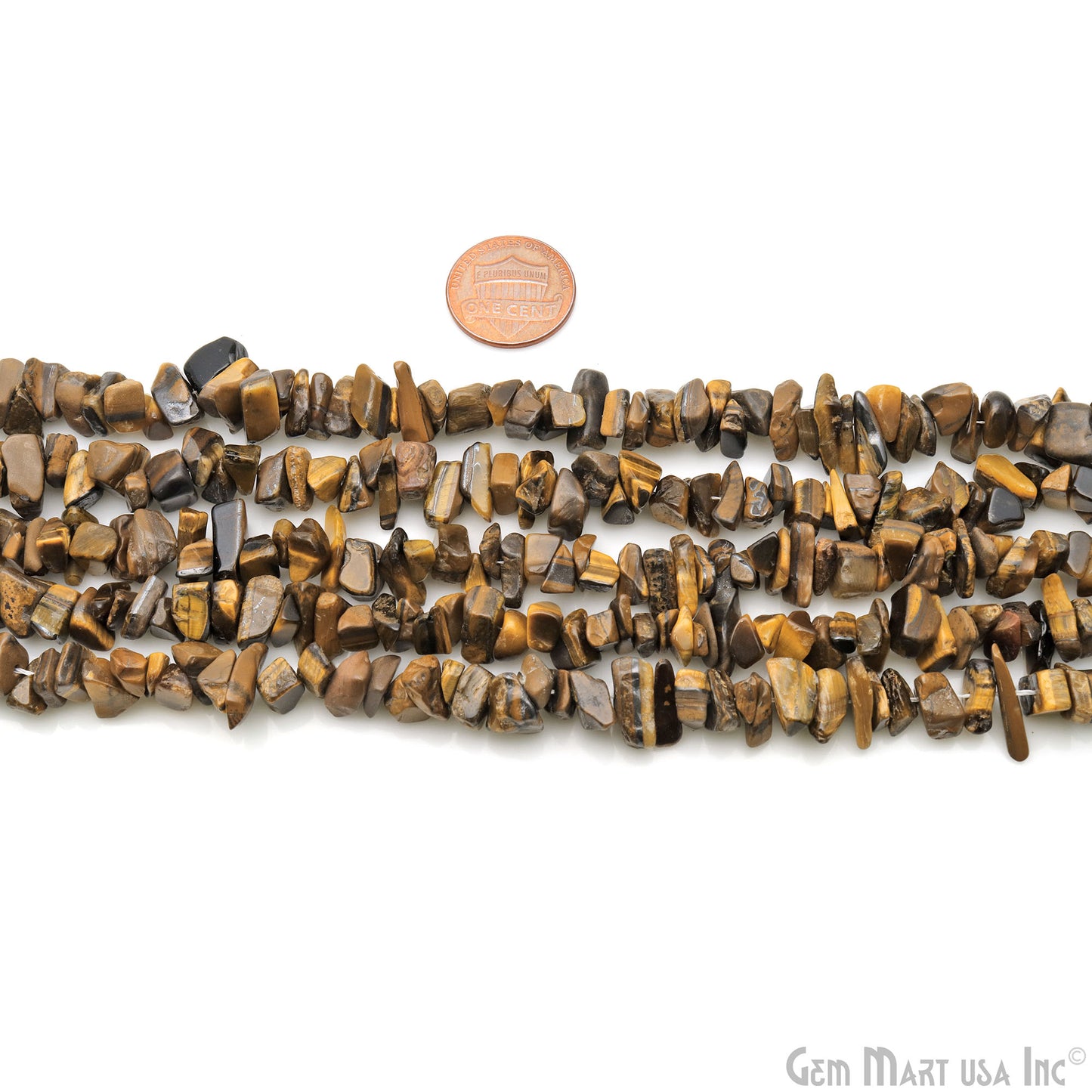 Tiger Eye Chip Beads, 34 Inch, Natural Chip Strands, Drilled Strung Nugget Beads, 7-10mm, Polished, GemMartUSA (CHTE-70004)