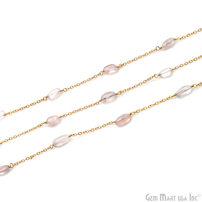 Rose Quartz Tumble Beads 10x6mm Gold Wire Wrapped Rosary Chain