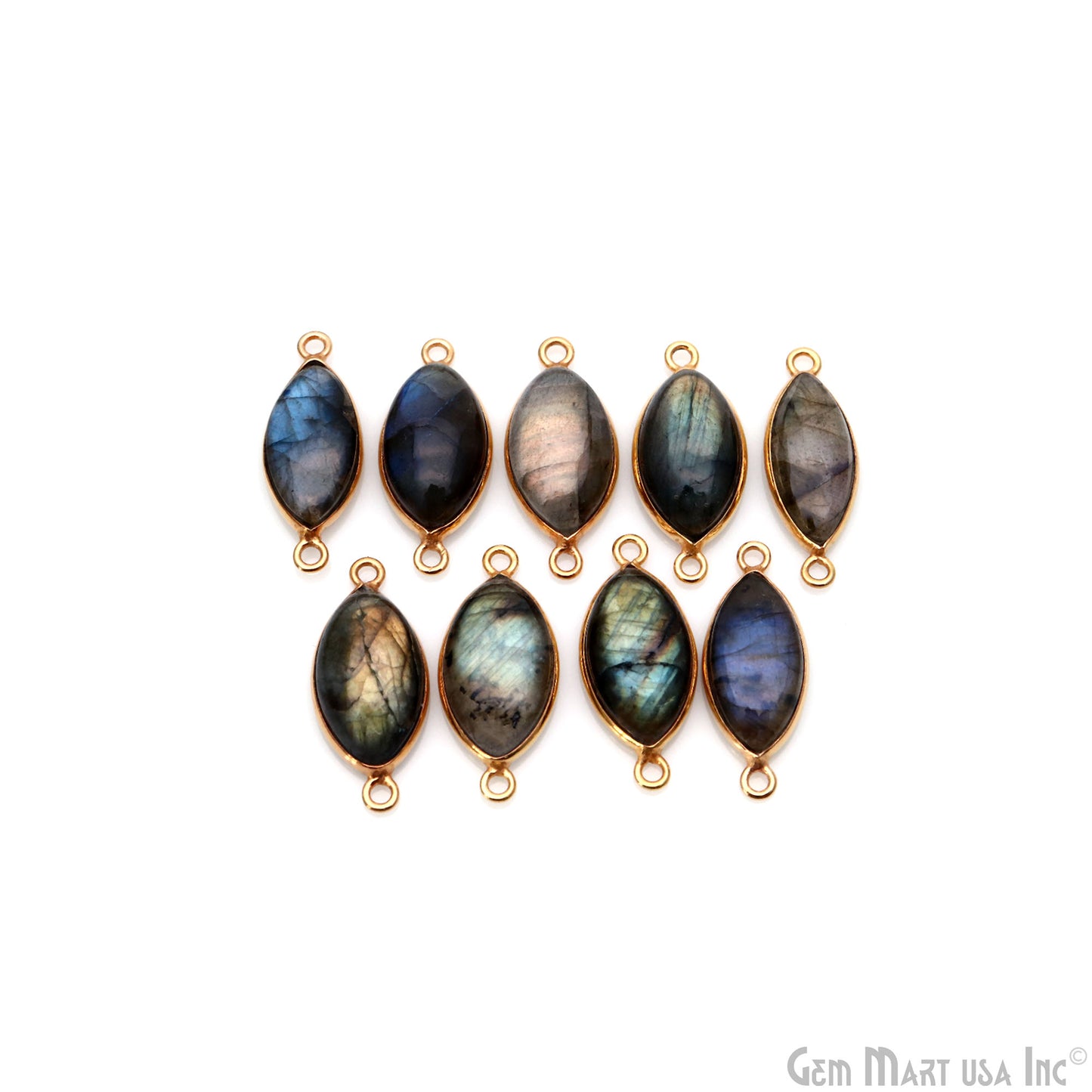 Flashy Labradorite Cabochon 9x16mm Marquise Double Bail Gold Plated Gemstone Connector