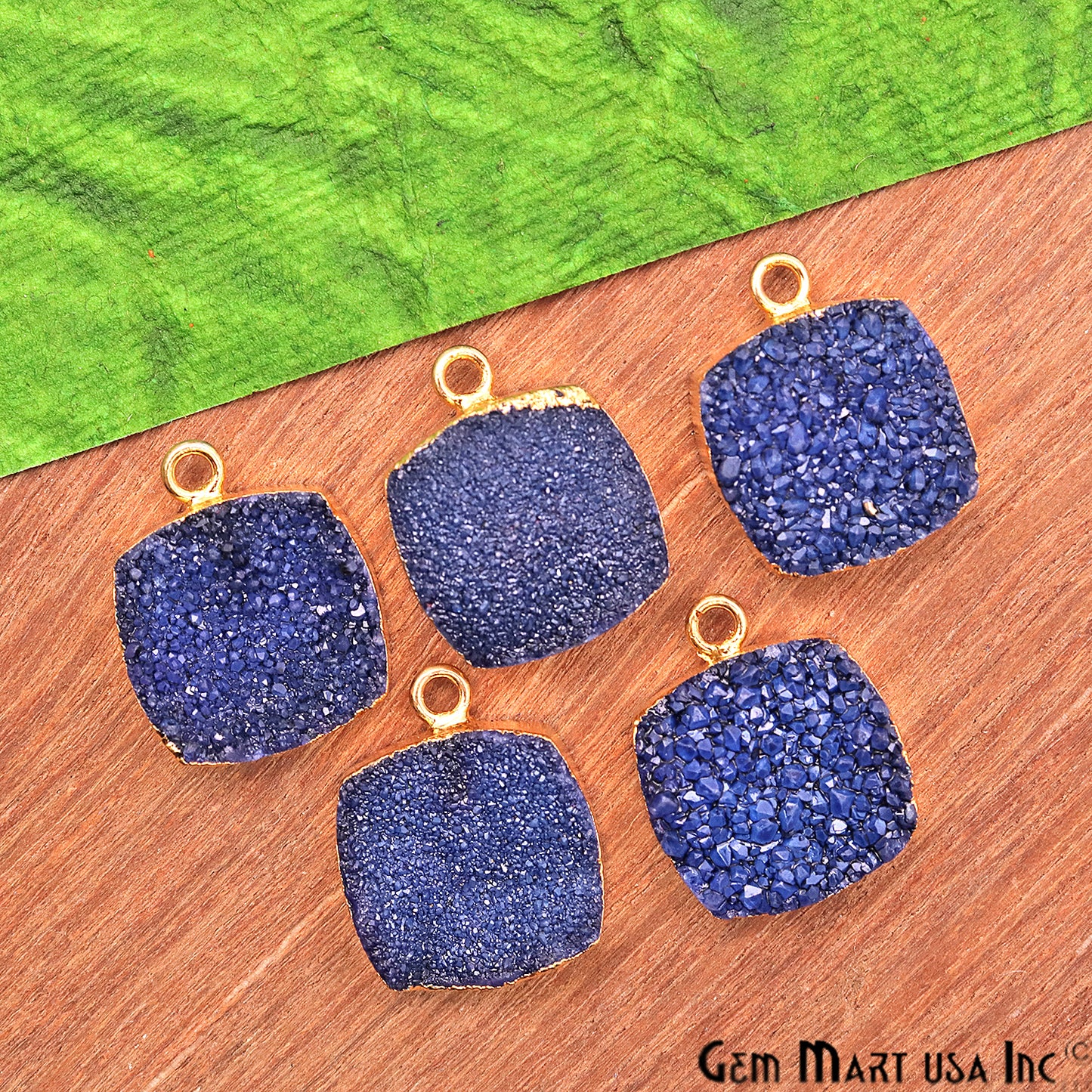 Blue Druzy Cushion 15mm Gold Electroplated Single Bail Connector - GemMartUSA