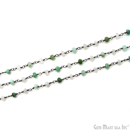 Chrysoprase With Rainbow Faceted 3-3.5mm Oxidized Wire Wrapped Beads Rosary Chain