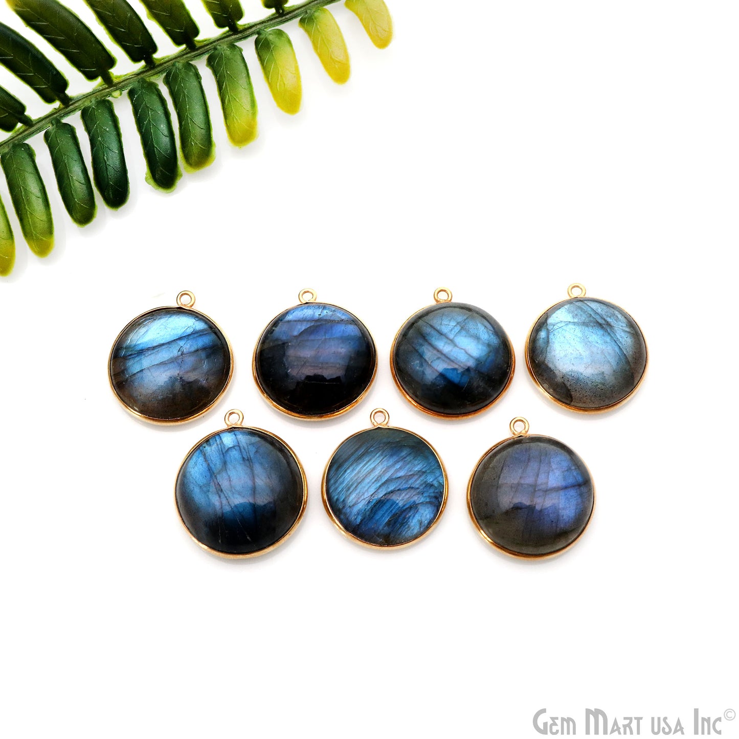 Flashy Labradorite Cabochon 19mm Round Single Bail Gold Plated Gemstone Connector