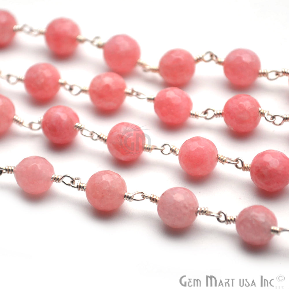 Pink Peach Jade Beads Silver Plated Wire Wrapped Rosary Chain (763960000559)