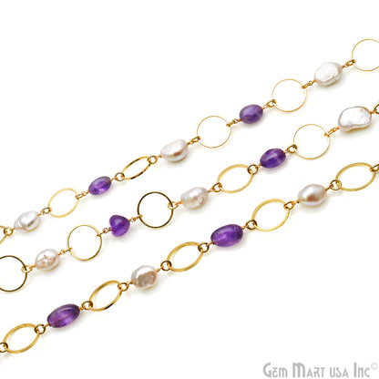 Amethyst & Pearl With Gold Plated Round Finding Rosary Chain